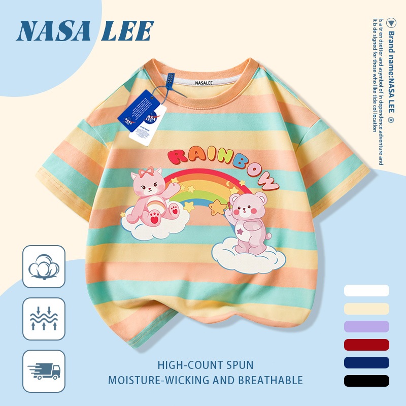 🔥Xu hướng hot 2026🔥 Áo thun trẻ em NASA, họa tiết gấu cầu vồng thời thượng, 100% cotton, Unisex, giao hàng ngay