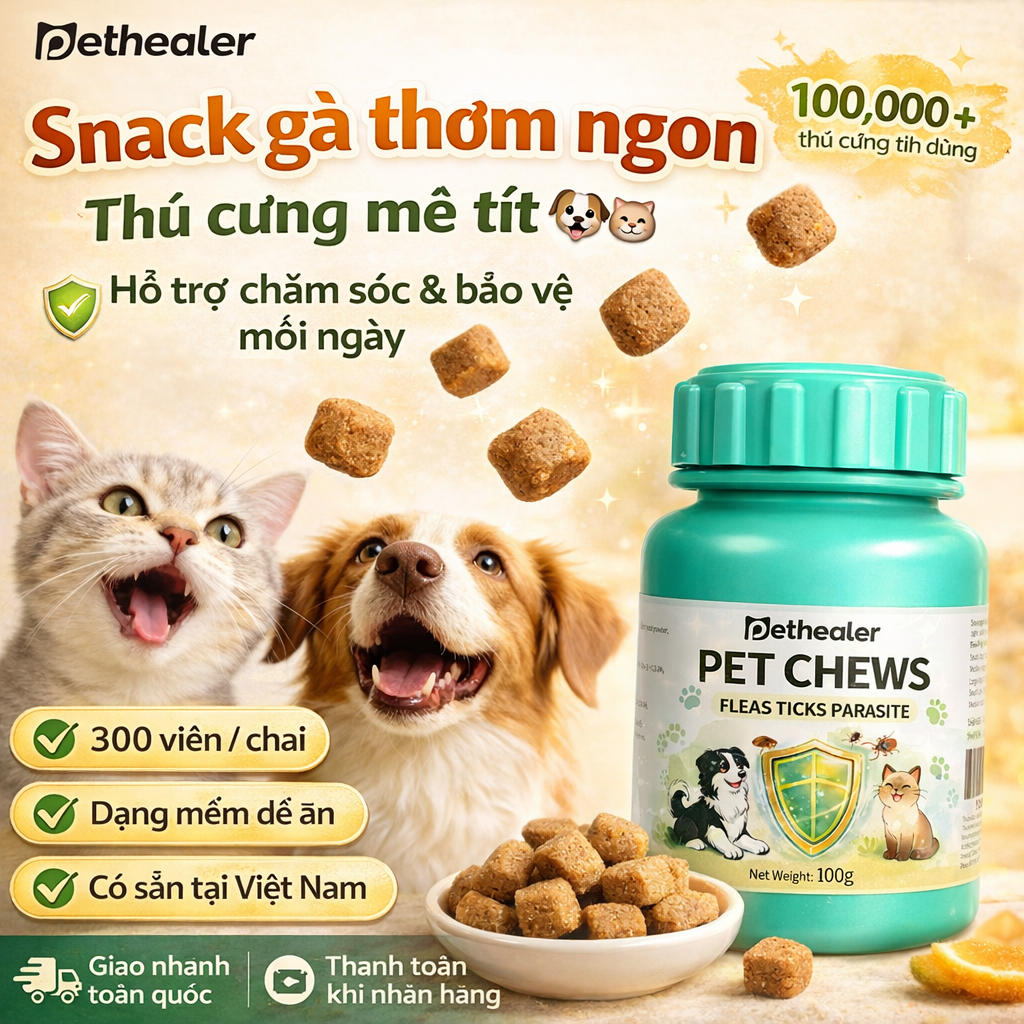 Snack chó mèo 300 viên mềm dễ ăn | Bánh thưởng thú cưng | Hỗ trợ bảo vệ khỏi ký sinh trùng | Pethealer