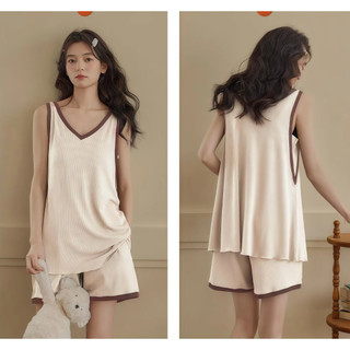 【Mã giảm giá- CAIX2834】Bộ Đồ Ngủ 2 Mảnh Mùa Hè Vải Mát Lạnh - Áo Ba Lỗ Có Sẵn Đệm Ngực & Quần Short, Phong Cách Học Sinh, Mặc Nhà & Đi Chơi Đều Thoải Mái