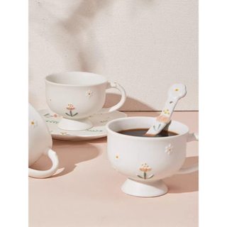 Cốc sứ Little Daisy cao cấp, Cốc cà phê, Cốc ăn sáng, cho bé gái Bột yến mạch / Sữa chua / Món tráng miệng / Kem, có thìa & nắp S