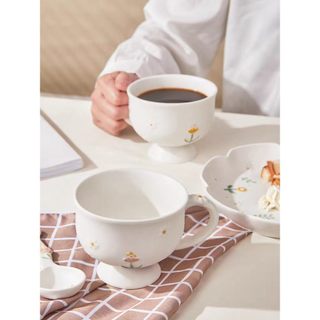 Cốc sứ Little Daisy cao cấp, Cốc cà phê, Cốc ăn sáng, cho bé gái Bột yến mạch / Sữa chua / Món tráng miệng / Kem, có thìa & nắp S