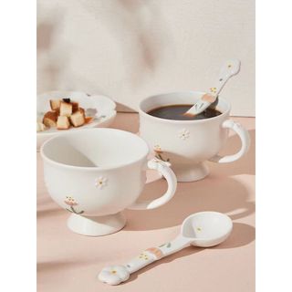 Cốc sứ Little Daisy cao cấp, Cốc cà phê, Cốc ăn sáng, cho bé gái Bột yến mạch / Sữa chua / Món tráng miệng / Kem, có thìa & nắp S