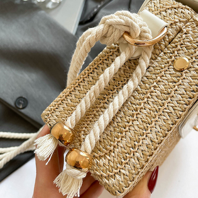 Khóa Xoay Dây Cotton Đeo Vai/Ngang, Túi Hộp Di Động, Túi Rơm