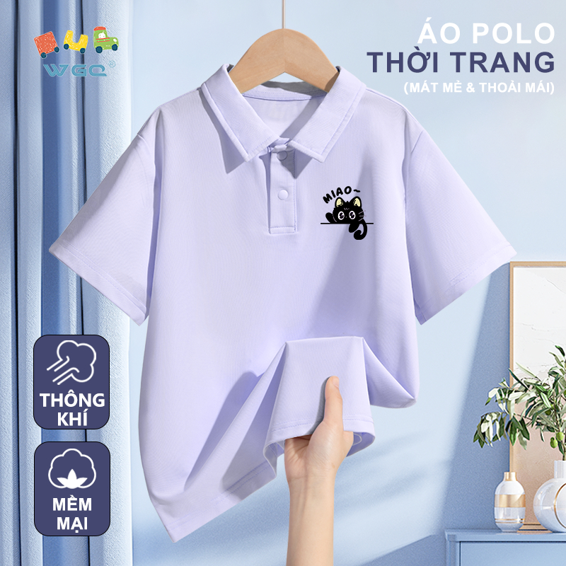 W.G.Q Áo thun bé gái / bé trai，Áo sơ mi polo phong cách mới mùa hè，mềm mại thoải mái，thoáng khí mát mẻ với in hình mèo con
