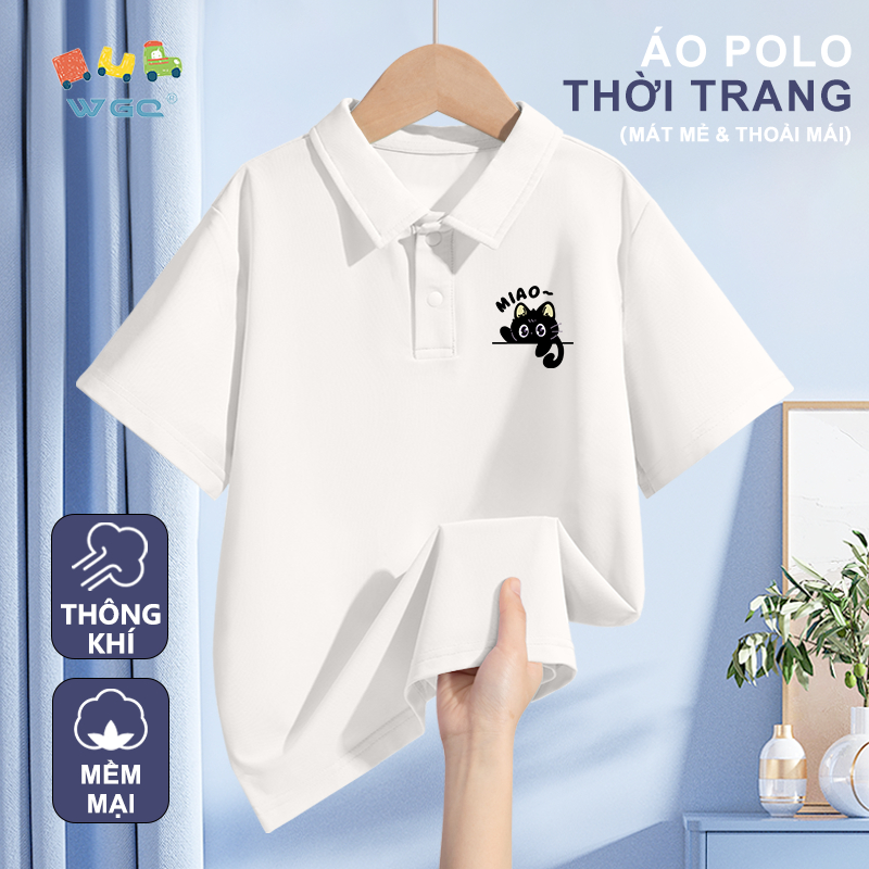 W.G.Q Áo thun bé gái / bé trai，Áo sơ mi polo phong cách mới mùa hè，mềm mại thoải mái，thoáng khí mát mẻ với in hình mèo con