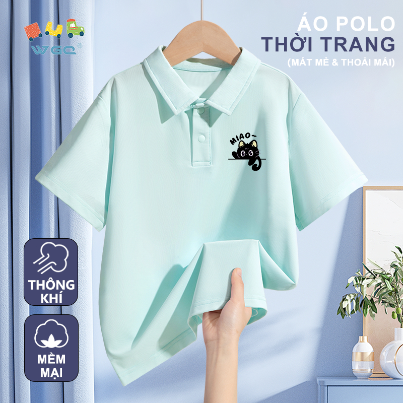 W.G.Q Áo thun bé gái / bé trai，Áo sơ mi polo phong cách mới mùa hè，mềm mại thoải mái，thoáng khí mát mẻ với in hình mèo con