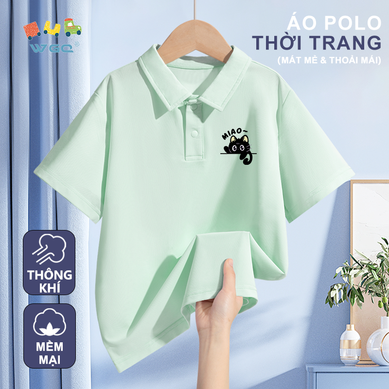W.G.Q Áo thun bé gái / bé trai，Áo sơ mi polo phong cách mới mùa hè，mềm mại thoải mái，thoáng khí mát mẻ với in hình mèo con