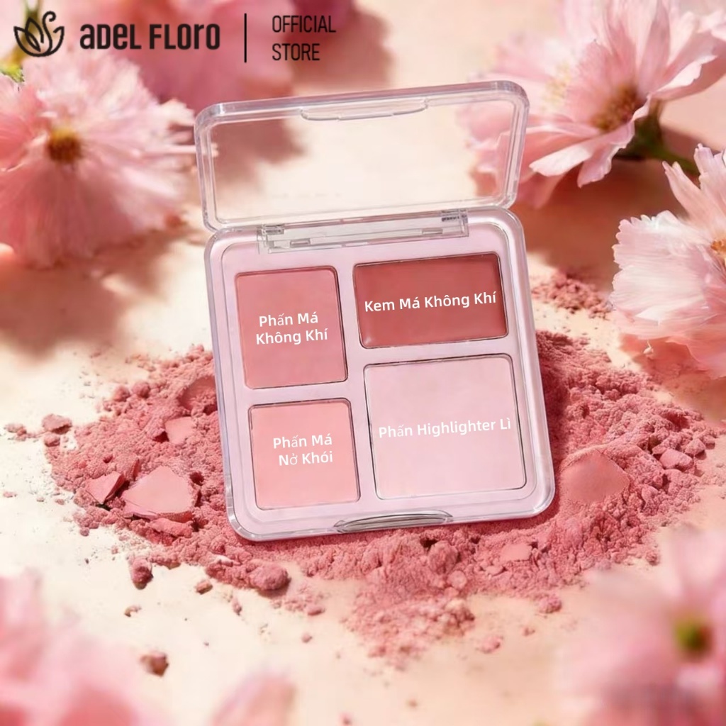 🍑【Adel Floro】Phấn Má Hồng & Highlight 4 Màu | Tạo Khối Nhẹ, Hiệu Ứng Glow Tự Nhiên, Lâu Trôi