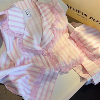 Bộ đồ ngủ ren tình yêu màu hồng Bộ quần áo nhà sọc Cardigan