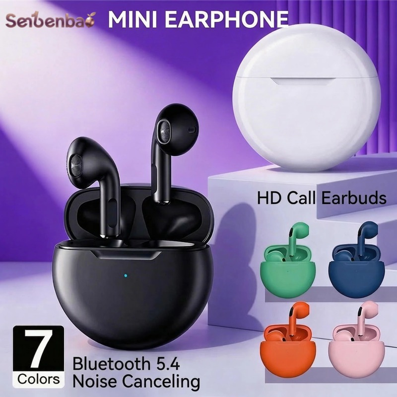 Tai nghe Bluetooth 6TWS 5.4, điều khiển cảm ứng, mic, bass, 7 màu, dùng cho thể thao và ô tô