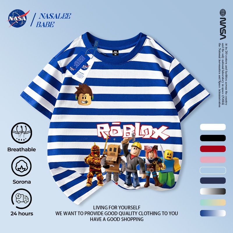 Áo thun sọc trẻ em NASA, áo thun ngắn tay in hình hoạt hình Roblox cho bé trai bé gái 2-16 tuổi mùa hè