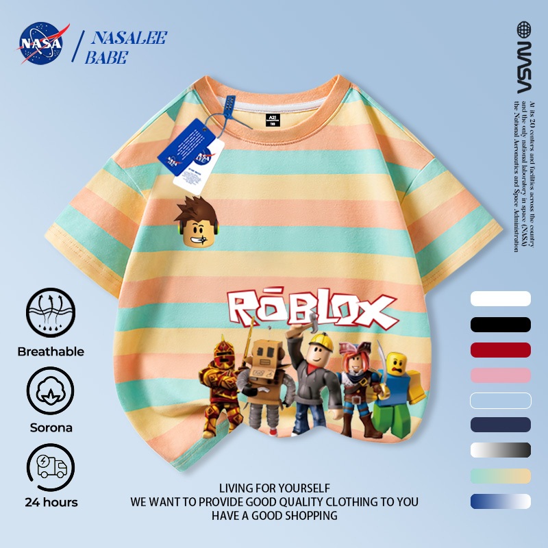 Áo thun sọc trẻ em NASA, áo thun ngắn tay in hình hoạt hình Roblox cho bé trai bé gái 2-16 tuổi mùa hè