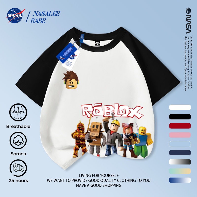 Áo thun sọc trẻ em NASA, áo thun ngắn tay in hình hoạt hình Roblox cho bé trai bé gái 2-16 tuổi mùa hè
