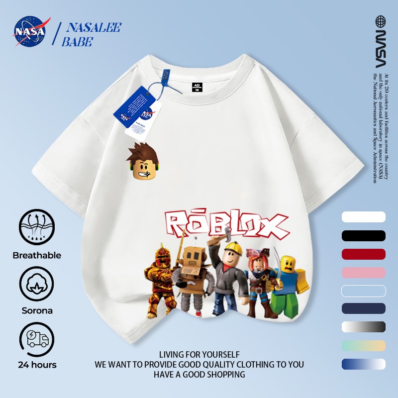 Áo thun sọc trẻ em NASA, áo thun ngắn tay in hình hoạt hình Roblox cho bé trai bé gái 2-16 tuổi mùa hè