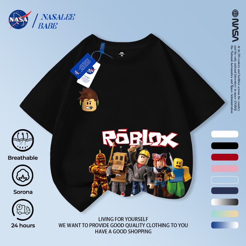 Áo thun sọc trẻ em NASA, áo thun ngắn tay in hình hoạt hình Roblox cho bé trai bé gái 2-16 tuổi mùa hè