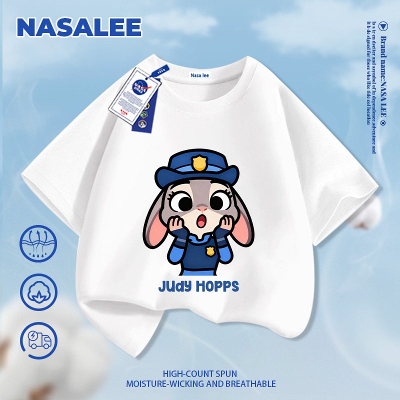 Quần short trẻ em NASA màu trắng, họa tiết Judy, phong cách thoải mái, mùa hè 2026, dễ phối đồ cho bé trai và bé gái.