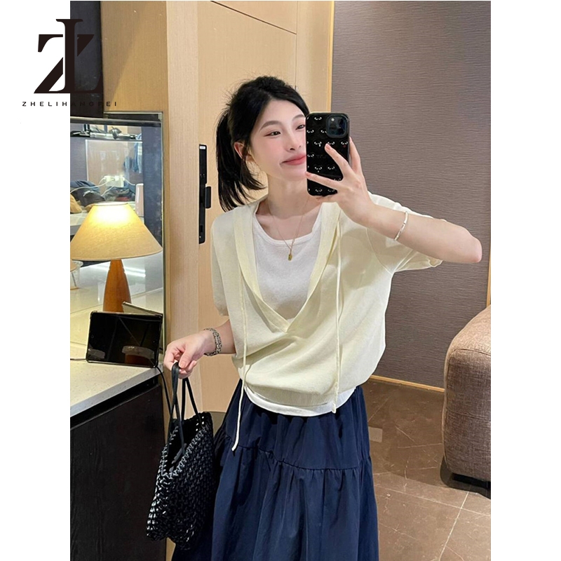 ZHELIHANGFEI Áo dệt kim ngắn tay hai mảnh style Hàn Quốc, có mũ trùm đầu kèm theo