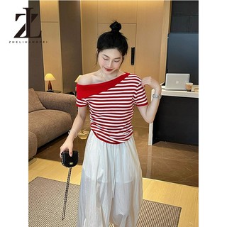 ZHELIHANGFEI Áo thun ngắn tay sọc xanh