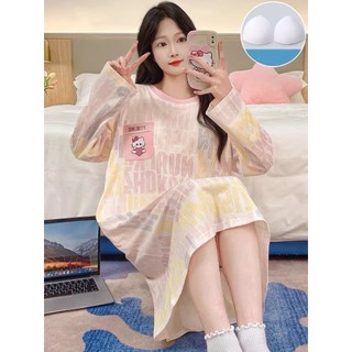 Đầm ngủ nữ dễ thương mới thu xuân 2026: Áo cổ tròn cotton mát sọc ngang + hình hoạt hình đơn giản【mặc nhà hay dạo phố đều đẹp】