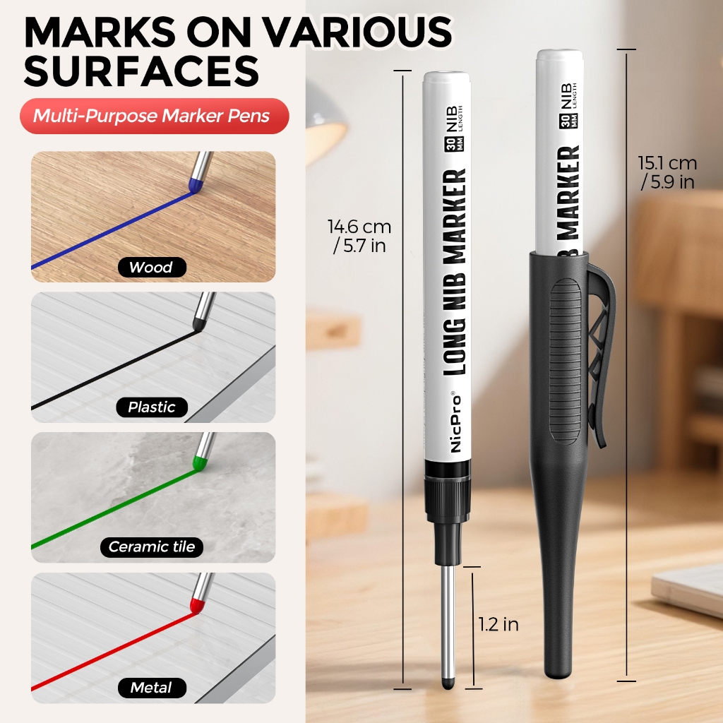 Nicpro 4 Bút Đánh Dấu Nib Dài 30 mm, Nhanh Khô Chống Thấm Nước, Dùng Cho Kim Loại Thép Ngói Thủy Tinh, Thợ Mộc