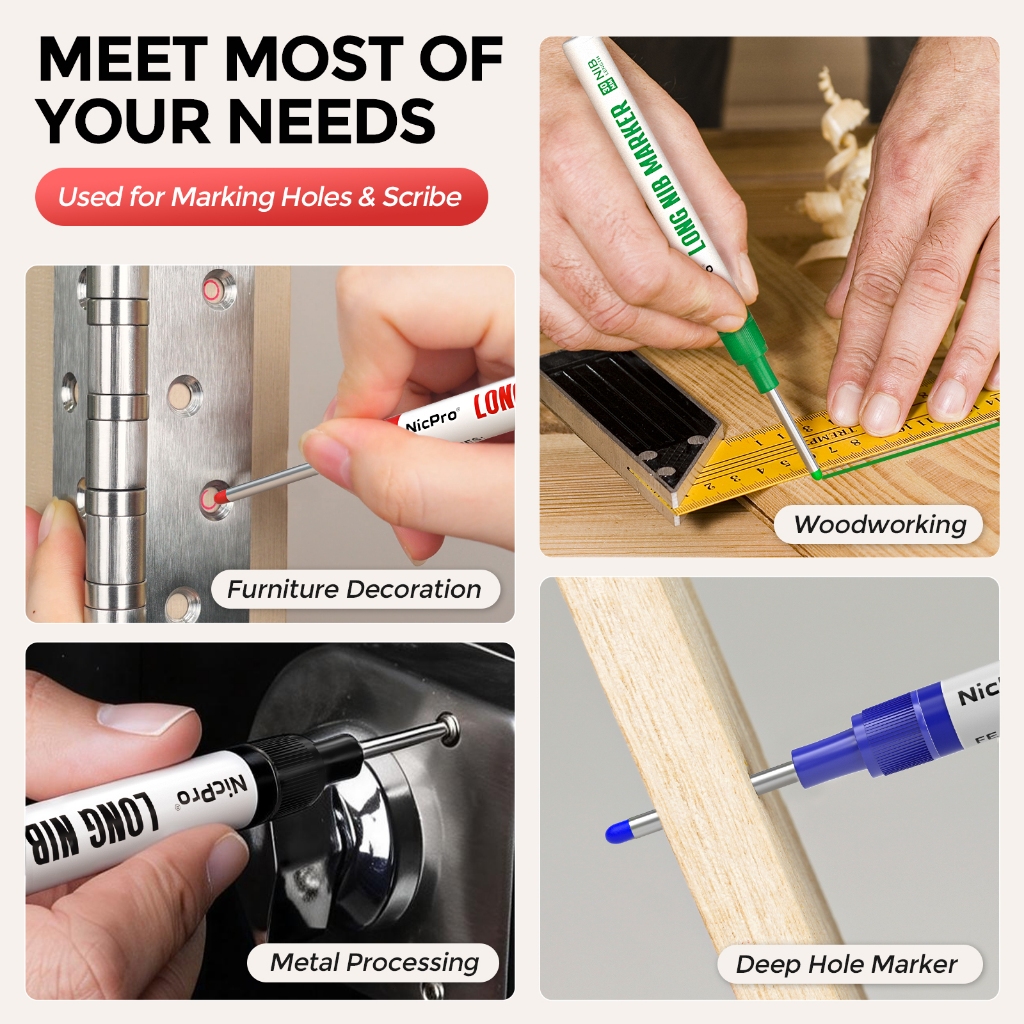 Nicpro 4 Bút Đánh Dấu Nib Dài 30 mm, Nhanh Khô Chống Thấm Nước, Dùng Cho Kim Loại Thép Ngói Thủy Tinh, Thợ Mộc
