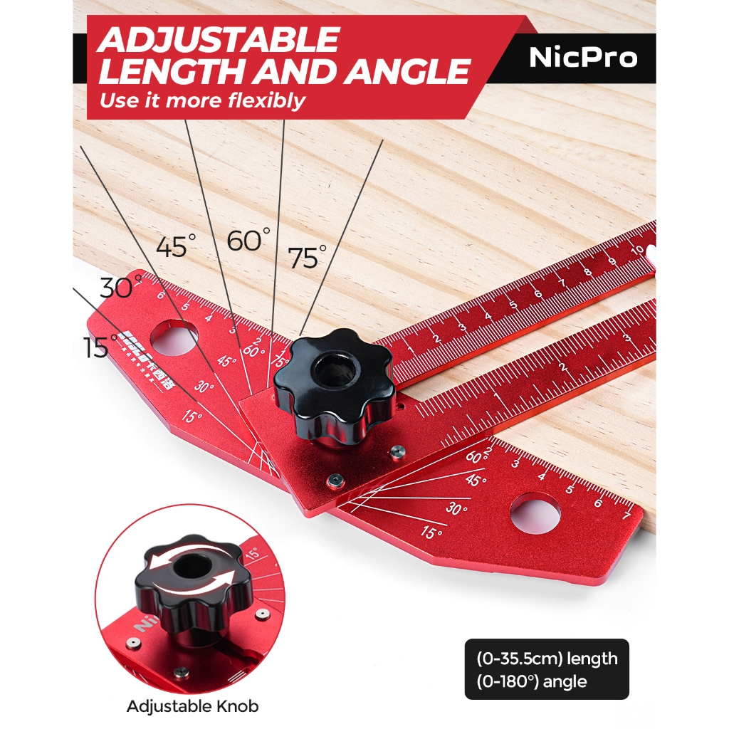 Thước dây đánh dấu Scriber chế biến gỗ Nicpro, Thước vuông trượt hợp kim nhôm có thể điều chỉnh với bút chì thợ mộc, Cân điều chỉnh góc, Công cụ thước đo hỗ trợ vẽ đường chính xác