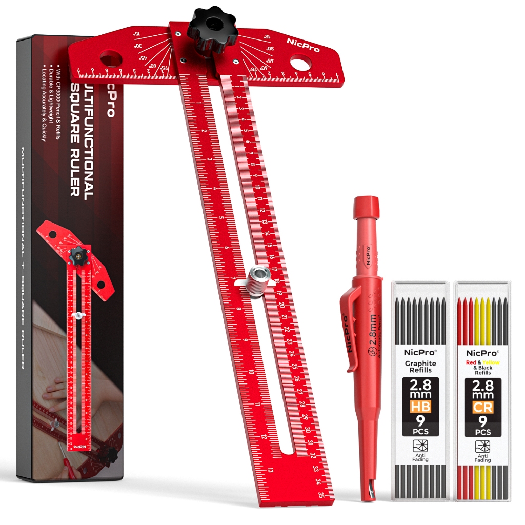Thước dây đánh dấu Scriber chế biến gỗ Nicpro, Thước vuông trượt hợp kim nhôm có thể điều chỉnh với bút chì thợ mộc, Cân điều chỉnh góc, Công cụ thước đo hỗ trợ vẽ đường chính xác