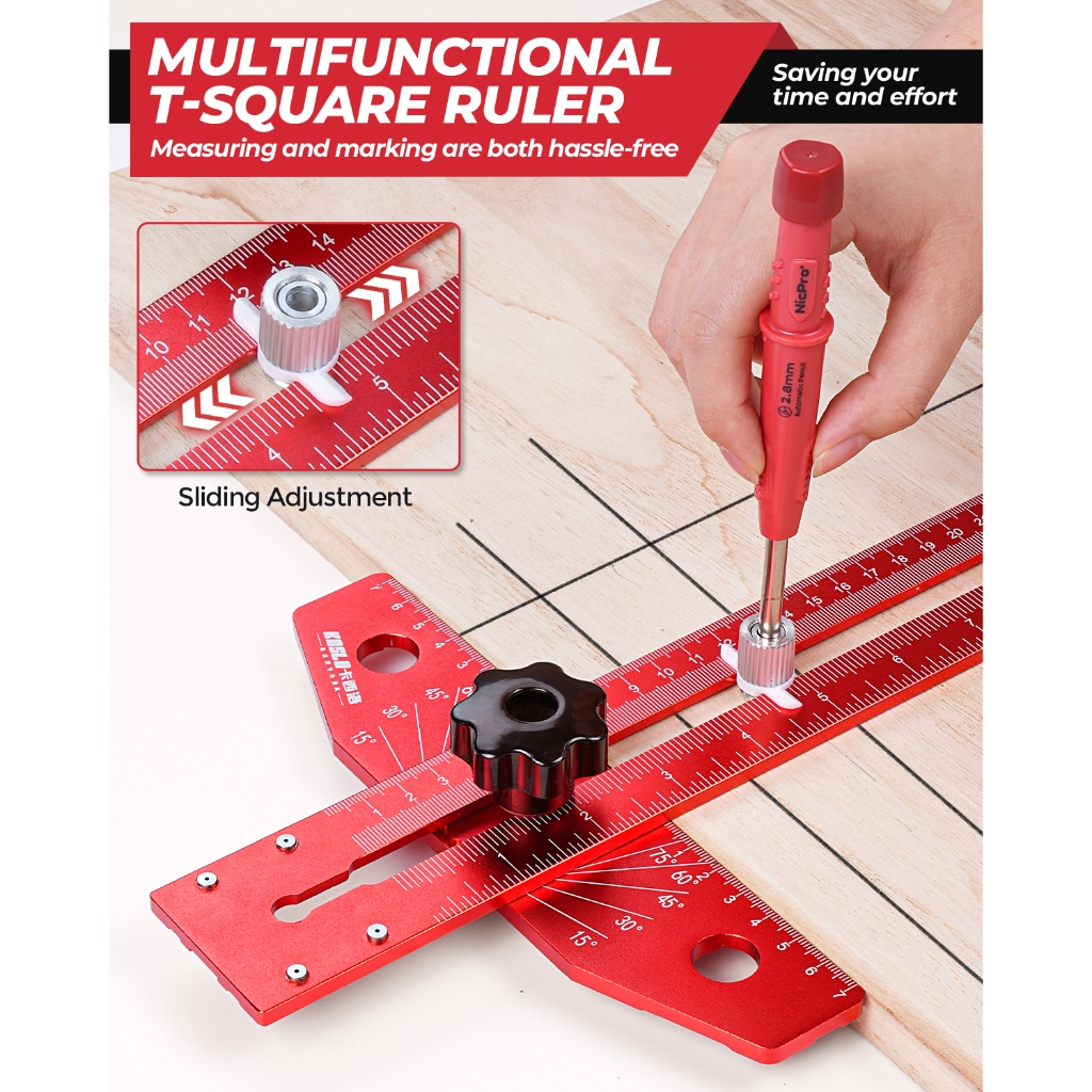Thước dây đánh dấu Scriber chế biến gỗ Nicpro, Thước vuông trượt hợp kim nhôm có thể điều chỉnh với bút chì thợ mộc, Cân điều chỉnh góc, Công cụ thước đo hỗ trợ vẽ đường chính xác