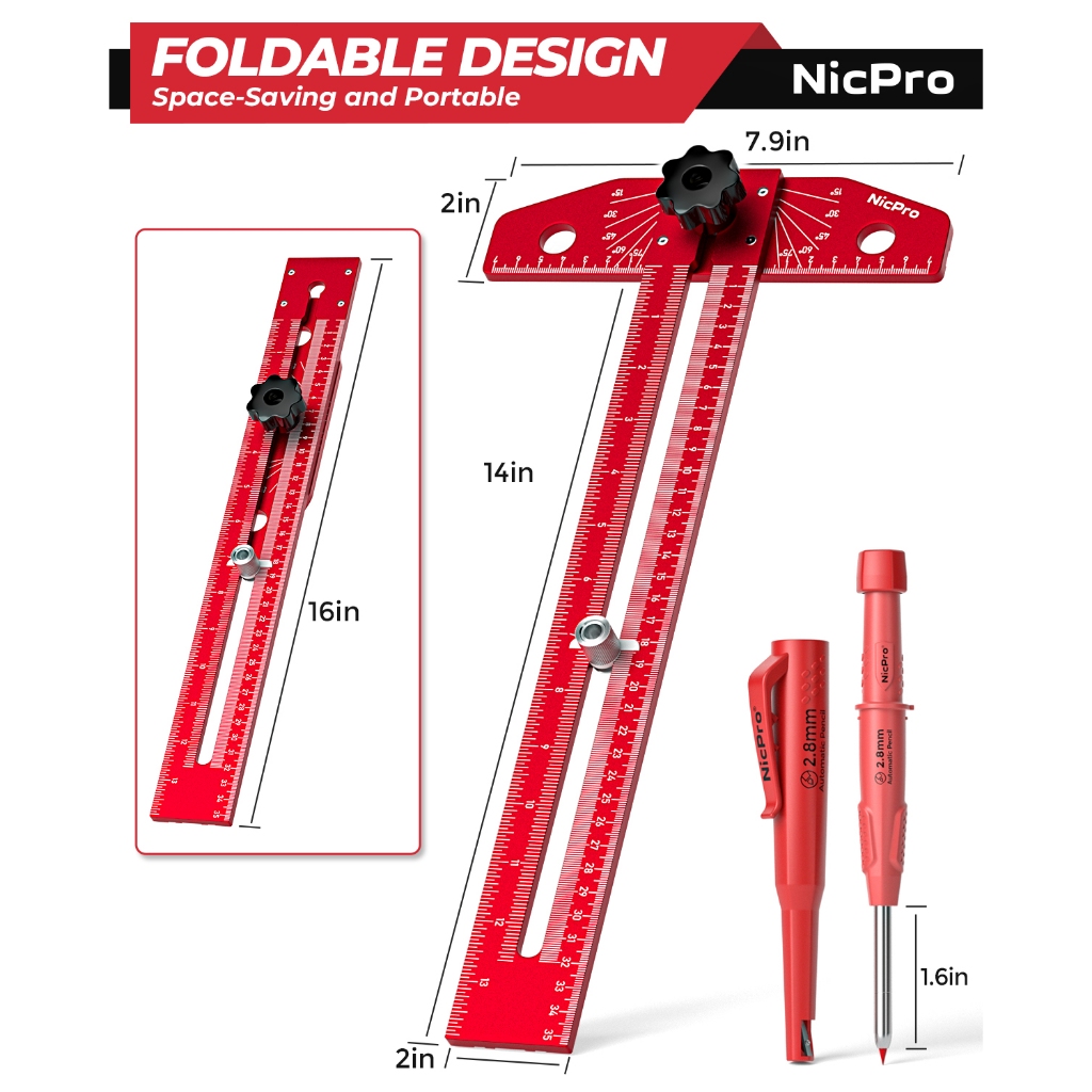 Thước dây đánh dấu Scriber chế biến gỗ Nicpro, Thước vuông trượt hợp kim nhôm có thể điều chỉnh với bút chì thợ mộc, Cân điều chỉnh góc, Công cụ thước đo hỗ trợ vẽ đường chính xác