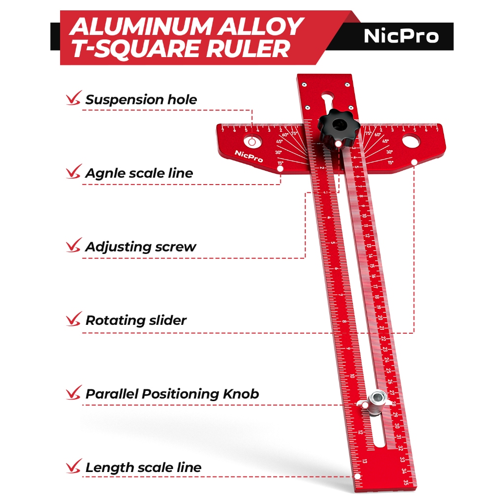 Thước dây đánh dấu Scriber chế biến gỗ Nicpro, Thước vuông trượt hợp kim nhôm có thể điều chỉnh với bút chì thợ mộc, Cân điều chỉnh góc, Công cụ thước đo hỗ trợ vẽ đường chính xác