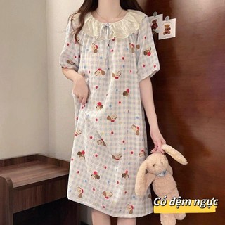 【Chất liệu cotton mềm mại như mây có đệm ngực】Đầm ngủ mùa hè tay ngắn/dài mặc nhà viền ren dễ thương thời trang