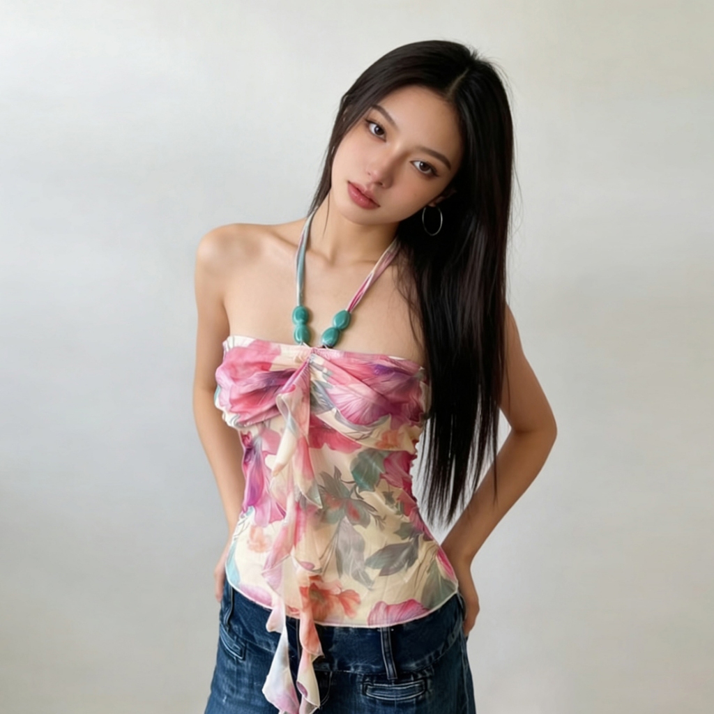 Klalien Playful Youthful Crop Top Với Dây In Retro Cổ Và Hình Giảm Béo Ôm Thiết Kế