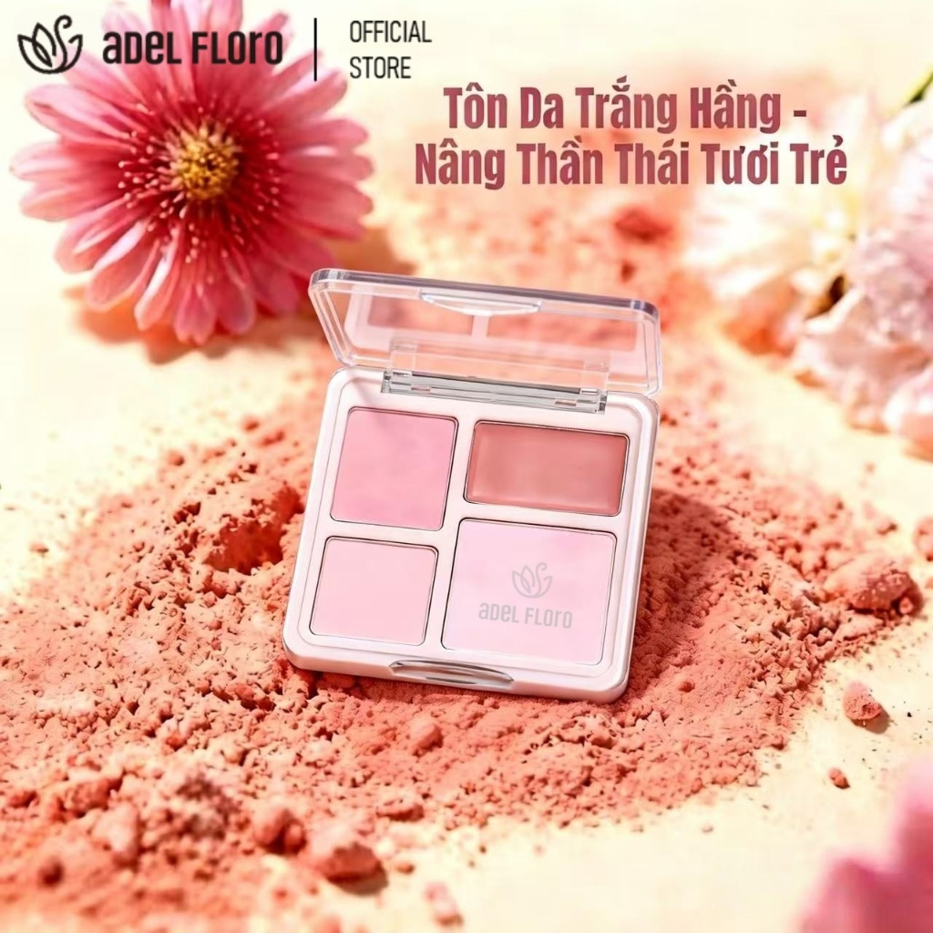 🍑【Adel Floro &Co.】Bảng Phấn Má Hồng 4 Màu| Tạo Khối Nhẹ, Highlight Tự Nhiên, Mịn Không Vón &Lâu Trôi