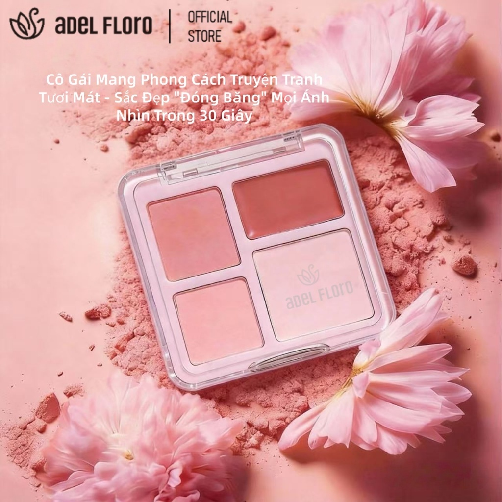 🍑【Adel Floro &Co.】Bảng Phấn Má Hồng 4 Màu| Tạo Khối Nhẹ, Highlight Tự Nhiên, Mịn Không Vón &Lâu Trôi