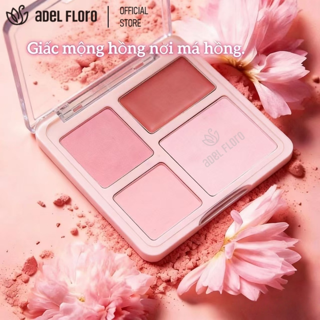 🍑【Adel Floro &Co.】Bảng Phấn Má Hồng 4 Màu| Tạo Khối Nhẹ, Highlight Tự Nhiên, Mịn Không Vón &Lâu Trôi