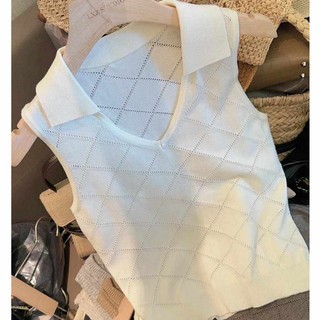 Hàng Châu Âu Trắng Băng Lụa Ve Áo Không Tay Dệt Kim Áo Nữ Mùa Hè Phong Cách Mới Mặc Bên Trong Mặc Bên Ngoài Mỏng Ngắn Top Hợp Thời Trang
