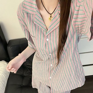 Bộ đồ ngủ sọc tối giản dành cho nữ cardigan mới dáng rộng bộ đồ ở nhà