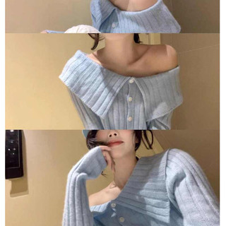 Phong Cách Hàn Quốc Áo Len Một Vai Màu Xanh Đẹp Nữ Xuân Thu Độc Đáo Siêu Đẹp Ve Áo Len Bên Trong Dài Tay Top