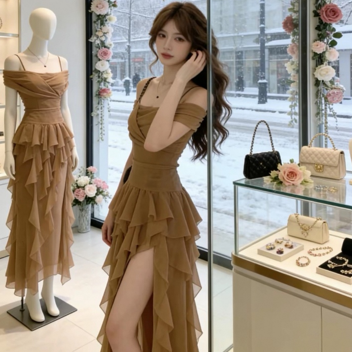 Phiên Bản Hàn Quốc Mùa Hè Phong Cách Mới Kaki Voan Sling Váy Dài Nữ Ôm Hơn Cổ Một Dòng Tay Ngắn Giữa Chiều Dài Skinny Đầm