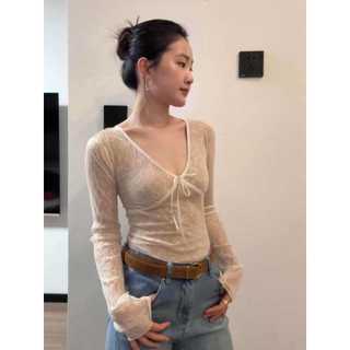 Pure Desire Style Hot Girl Hơi Trong Suốt Cổ Chữ v Dài Tay Áo Thun Nữ Đầu Xuân Thu Slim-Fit Bên Trong Nơ Phối Ren Áo Ngắn