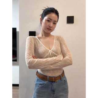 Pure Desire Style Hot Girl Hơi Trong Suốt Cổ Chữ v Dài Tay Áo Thun Nữ Đầu Xuân Thu Slim-Fit Bên Trong Nơ Phối Ren Áo Ngắn