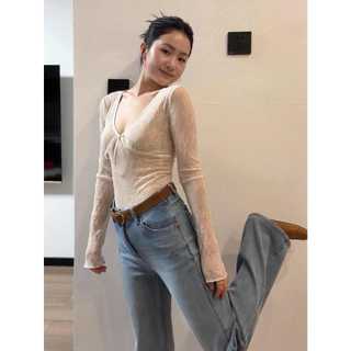 Pure Desire Style Hot Girl Hơi Trong Suốt Cổ Chữ v Dài Tay Áo Thun Nữ Đầu Xuân Thu Slim-Fit Bên Trong Nơ Phối Ren Áo Ngắn