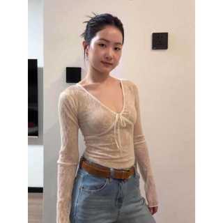 Pure Desire Style Hot Girl Hơi Trong Suốt Cổ Chữ v Dài Tay Áo Thun Nữ Đầu Xuân Thu Slim-Fit Bên Trong Nơ Phối Ren Áo Ngắn