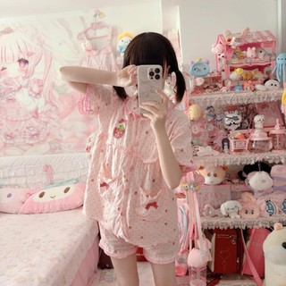 Ren búp bê cổ chấm bi dâu tây đồ ngủ nữ ngọt ngào và rộng rãi trang phục nhà