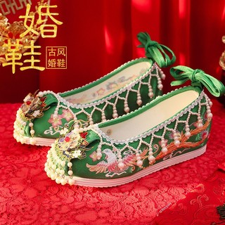 Phong Cách Cổ Xưa Cô Dâu Giày Phong Cách Dân Tộc Tua Rua Bên Trong Tăng Chiều Cao Giày Vải Phong Cách Trung Quốc Phụ Kiện Cưới Trang Phục Cổ Thêu Giày Xiuhe Hanfu