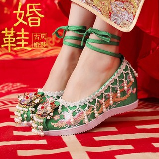 Phong Cách Cổ Xưa Cô Dâu Giày Phong Cách Dân Tộc Tua Rua Bên Trong Tăng Chiều Cao Giày Vải Phong Cách Trung Quốc Phụ Kiện Cưới Trang Phục Cổ Thêu Giày Xiuhe Hanfu