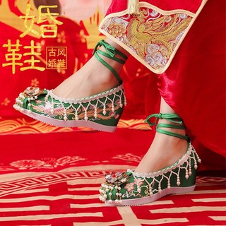 Phong Cách Cổ Xưa Cô Dâu Giày Phong Cách Dân Tộc Tua Rua Bên Trong Tăng Chiều Cao Giày Vải Phong Cách Trung Quốc Phụ Kiện Cưới Trang Phục Cổ Thêu Giày Xiuhe Hanfu
