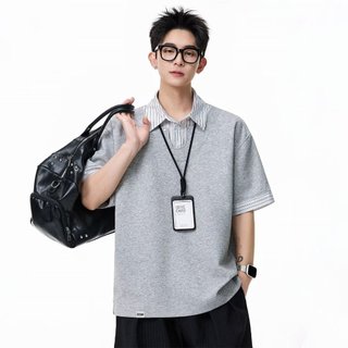 Áo sơ mi polo hai mảnh kẻ sọc thường ngày Áo sơ mi ngắn tay nam thanh thiếu niên dáng rộng Mỹ mặc đường phố mùa hè Áo thun nửa tay