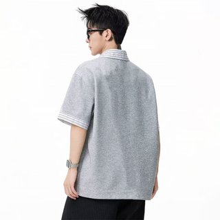 Áo sơ mi polo hai mảnh kẻ sọc thường ngày Áo sơ mi ngắn tay nam thanh thiếu niên dáng rộng Mỹ mặc đường phố mùa hè Áo thun nửa tay