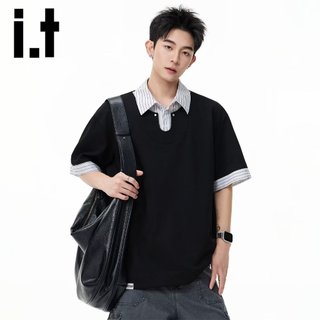 Áo sơ mi polo hai mảnh kẻ sọc thường ngày Áo sơ mi ngắn tay nam thanh thiếu niên dáng rộng Mỹ mặc đường phố mùa hè Áo thun nửa tay